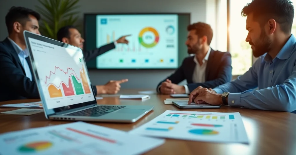 Equipe analisando gráficos financeiros para reduzir risco de inadimplência