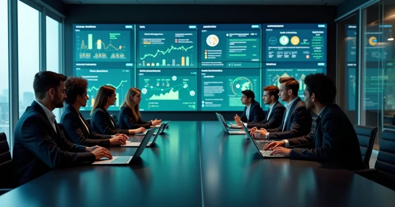 Dashboard de cobrança com automação inteligente em telas digitais e ícones de IA