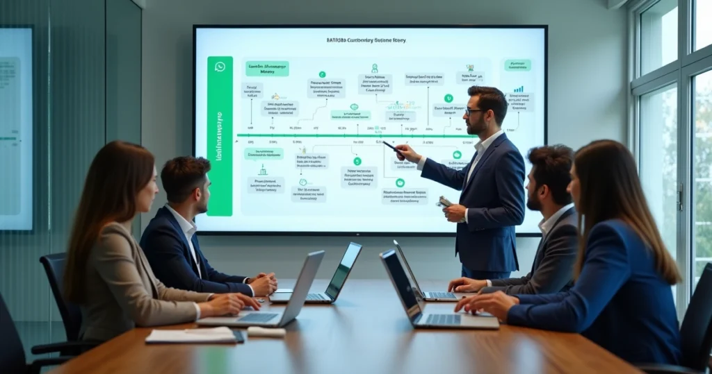 Equipe de cobrança analisando painel digital de jornada do cliente