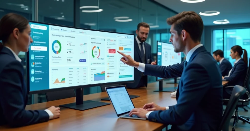 Equipe de cobrança analisa painel de IA com interações personalizadas com clientes