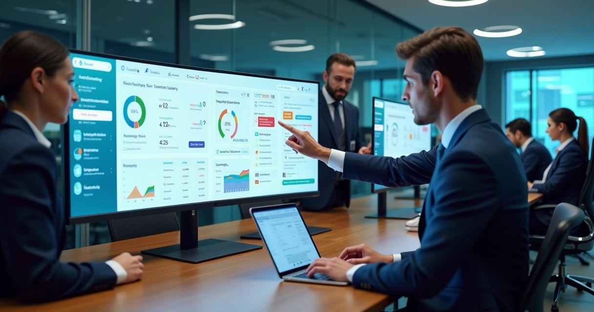 Equipe de cobrança analisa painel de IA com interações personalizadas com clientes