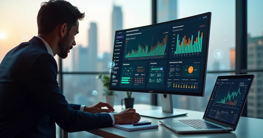 Gestor financeiro analisando painel de cobrança automatizada em computador com gráficos e alertas