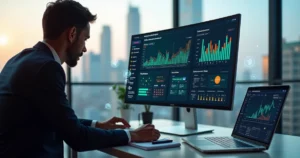 Gestor financeiro analisando painel de cobrança automatizada em computador com gráficos e alertas