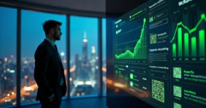 Executivo analisa painel de cobranças com Pix automático em tela gigante