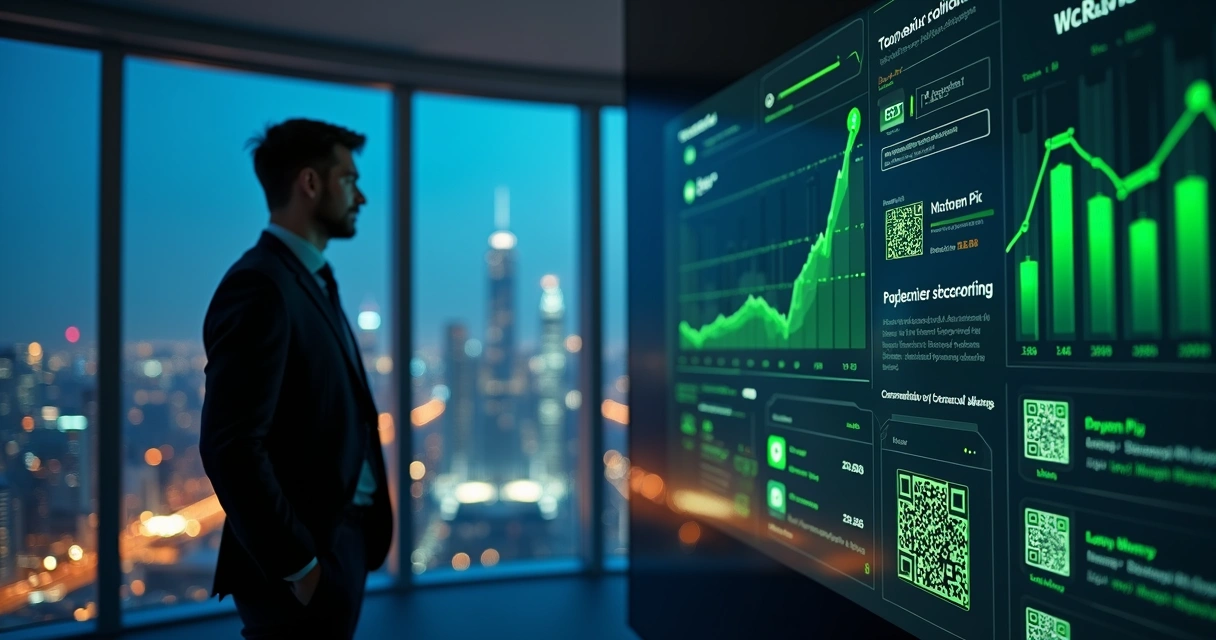 Executivo analisa painel de cobranças com Pix automático em tela gigante