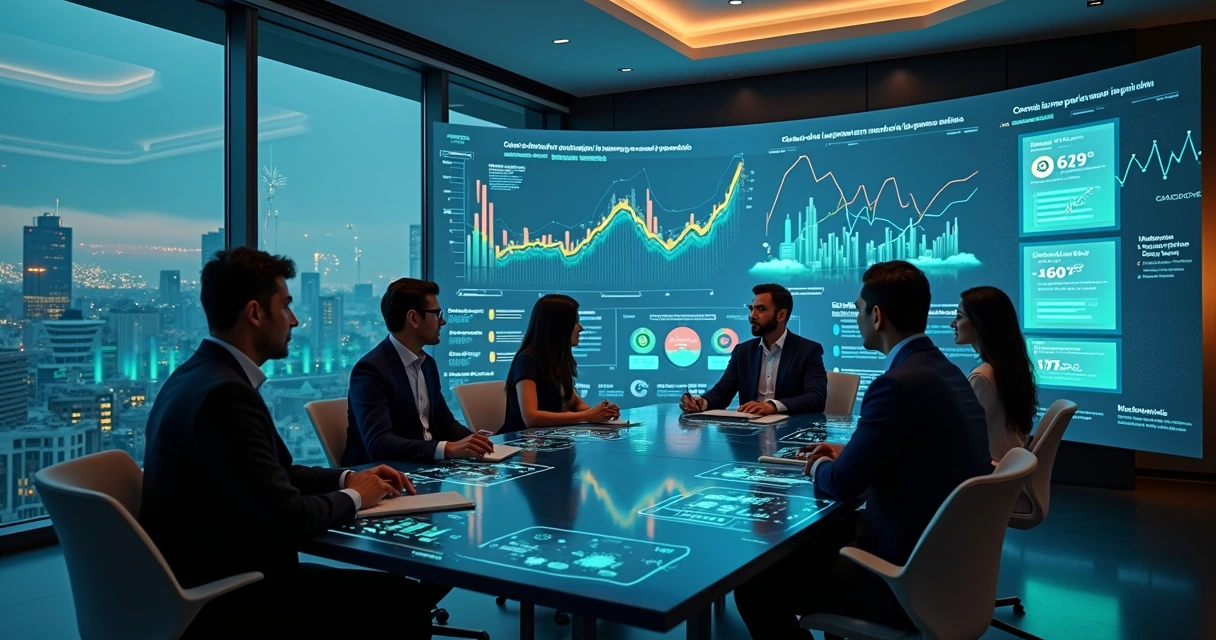 Executivos analisando dados de cobrança em painel digital futurista