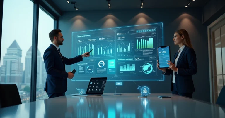 Executivos analisando painel financeiro integrado em grande tela digital
