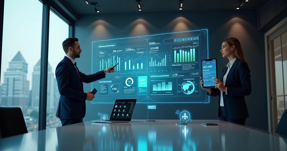 Executivos analisando painel financeiro integrado em grande tela digital