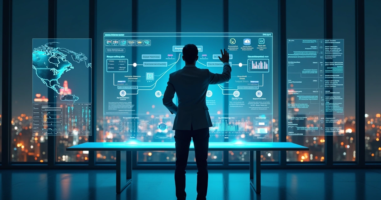 Profissional observa painel digital com fluxos de cobrança multicanais e indicadores em tempo real