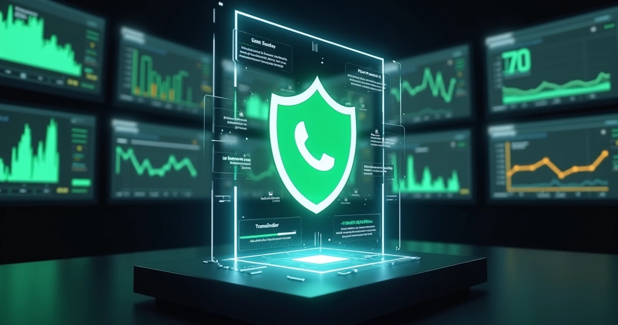 Painel digital com escudo protegendo ícone do WhatsApp e gráficos de cobrança ao redor