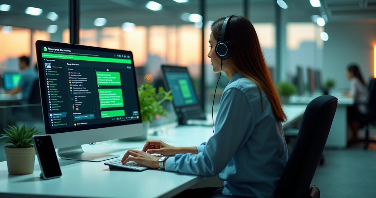 Atendente em call center moderno usando WhatsApp Business para cobranças no computador
