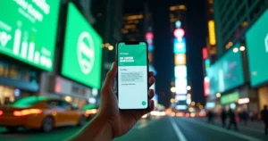 Painel digital em avenida movimentada exibindo chatbot de cobrança no WhatsApp