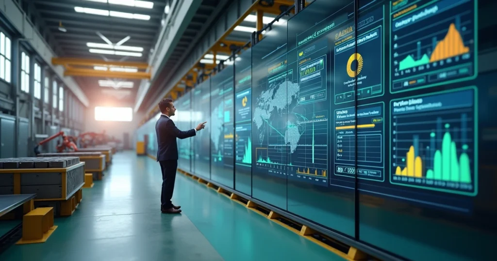 Gestor industrial observa linha de produção integrada a painel digital de cobrança B2B