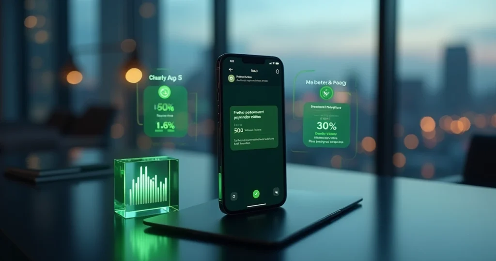Ilustração de smartphone com indicador de reputação alta em interface de WhatsApp para cobranças