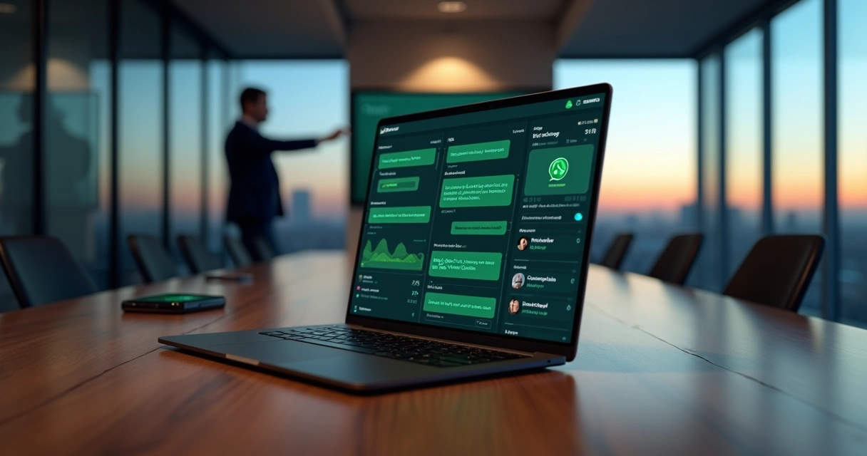 Gestor financeiro analisa modelos de mensagem de cobrança no WhatsApp em painel digital