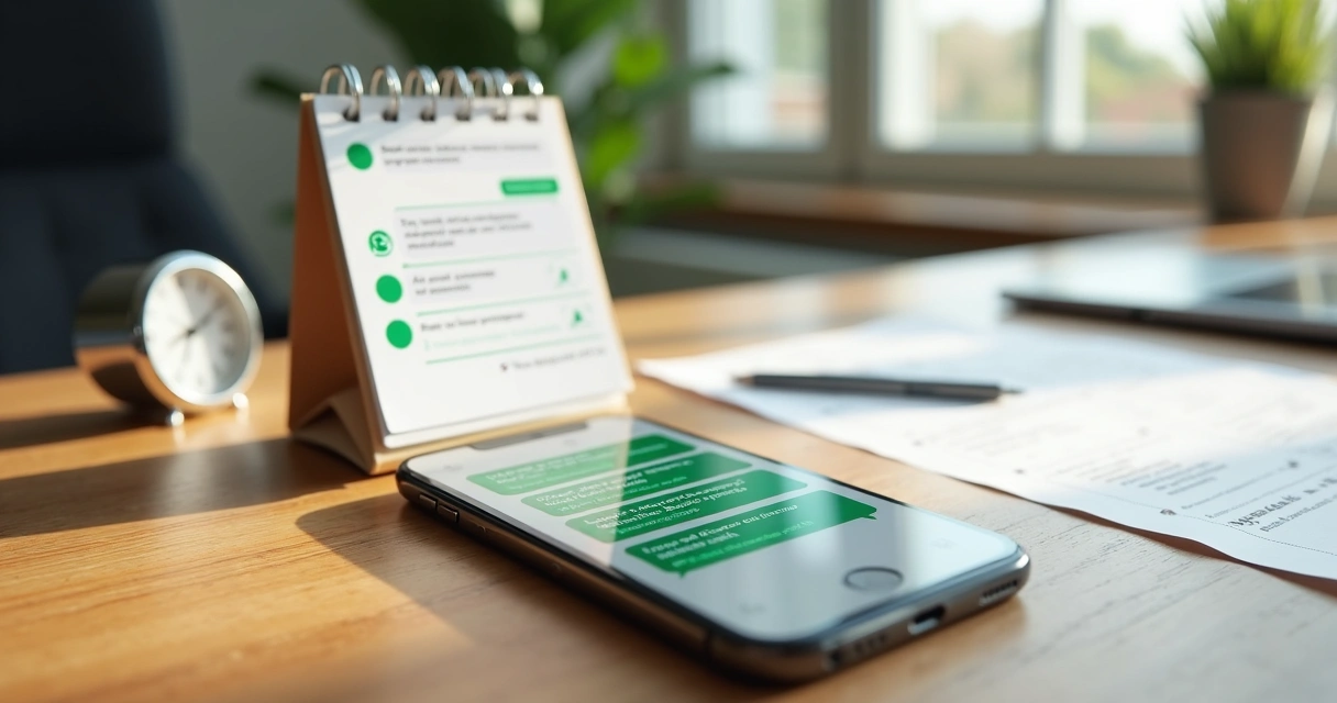 Celular exibindo cobrança por WhatsApp organizada ao lado de relógio e calendário