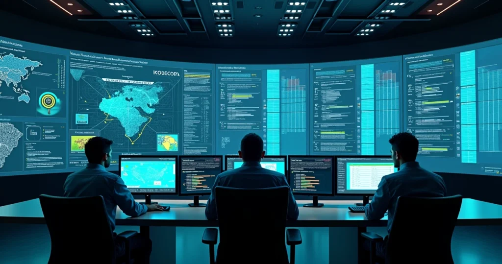 Painel comparando sistemas de cobrança para provedores de internet em grande sala de operações
