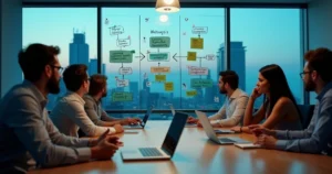 Equipe avalia mural com fluxos seguros de cobrança por WhatsApp