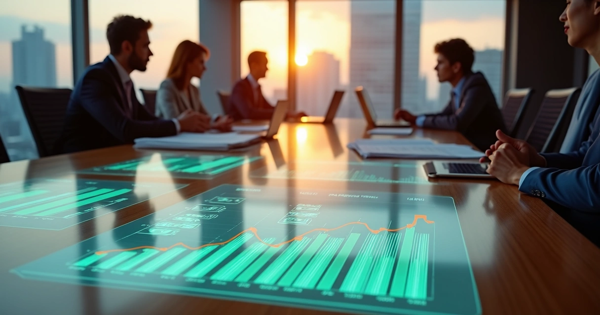 Gestores financeiros analisando projeções de custo do WhatsApp Business em painel digital