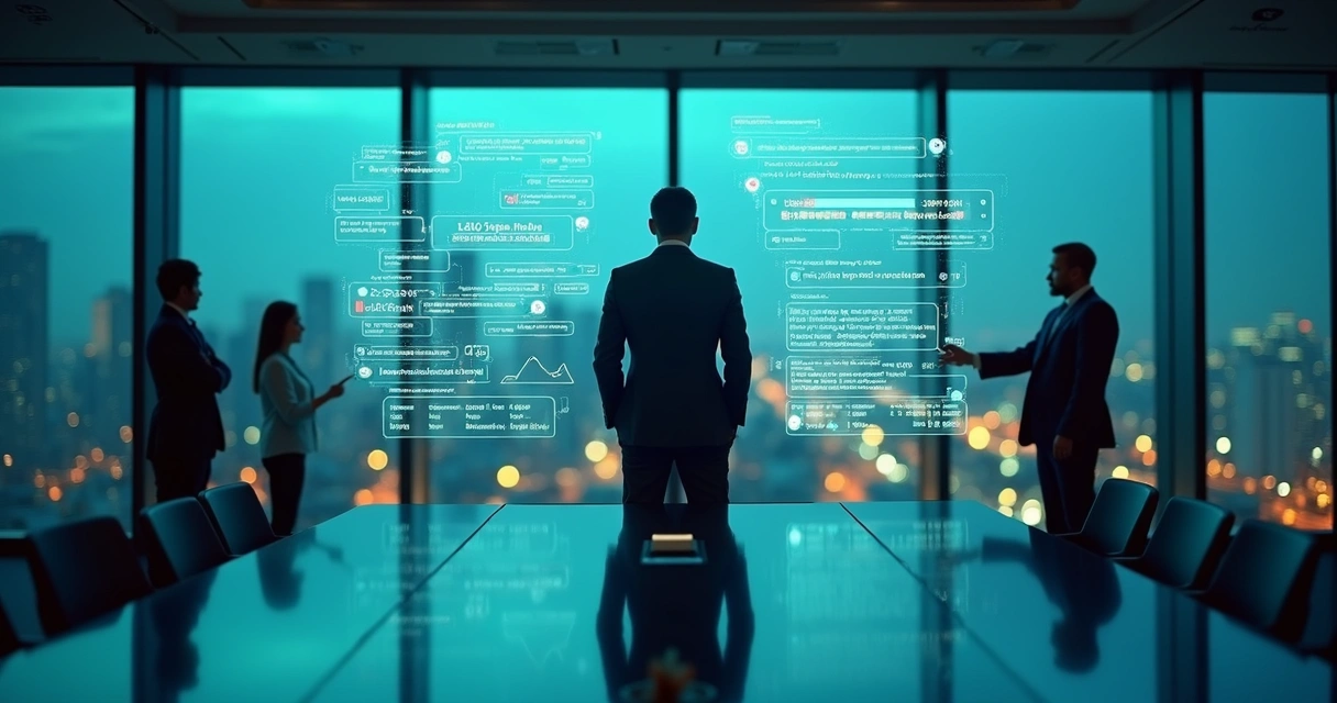 Executivo observa holograma de WhatsApp com IA de cobrança e gráficos financeiros