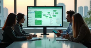 Equipe configura fluxo de cobrança com IA em tela de WhatsApp Business