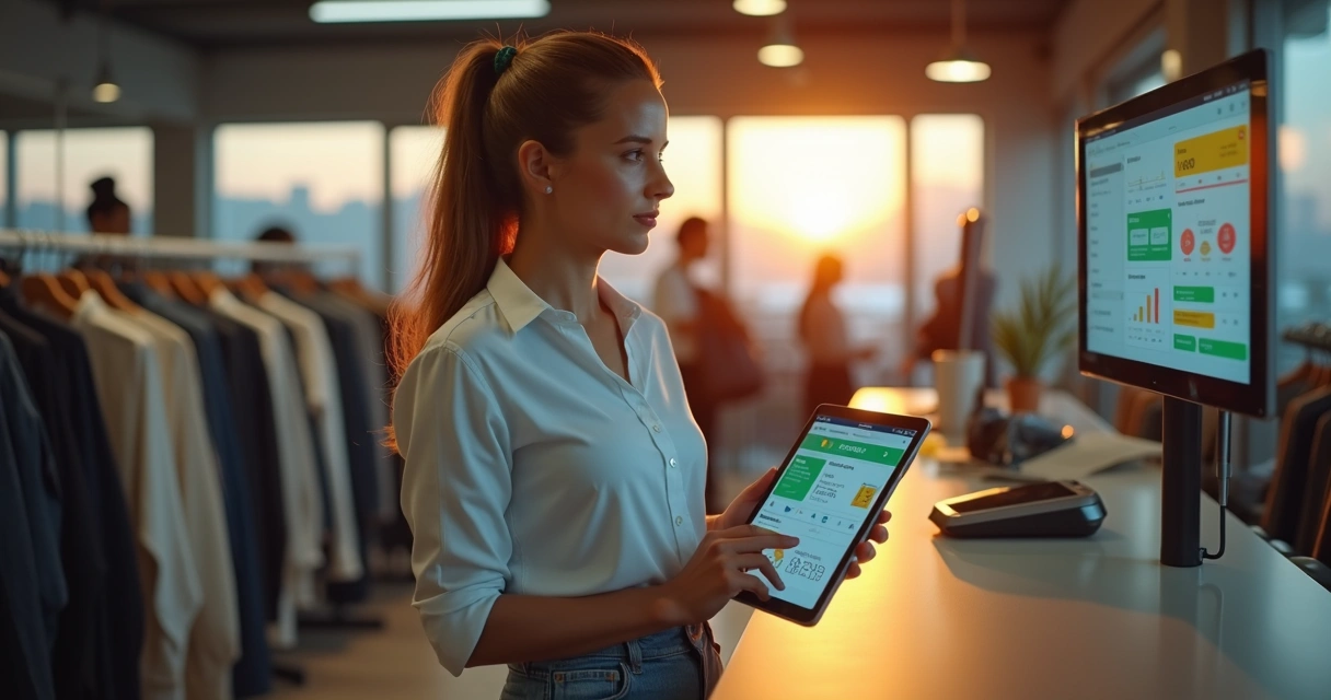 Gestora de varejo em loja usando sistema de cobrança omnichannel em tablet