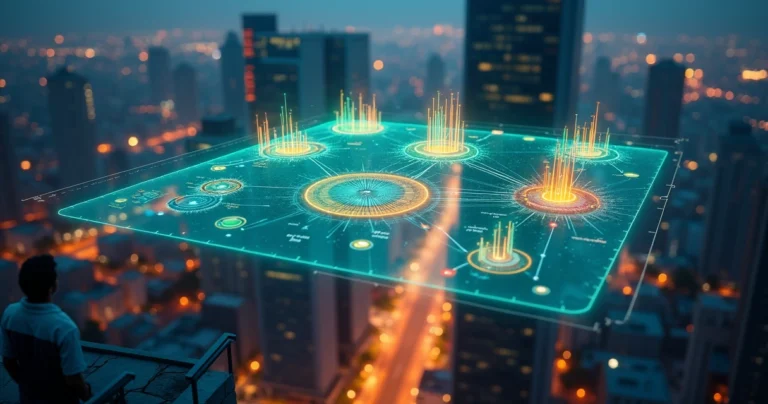 Mapa digital de segmentação de carteira de cobrança sobreposto a cidade à noite