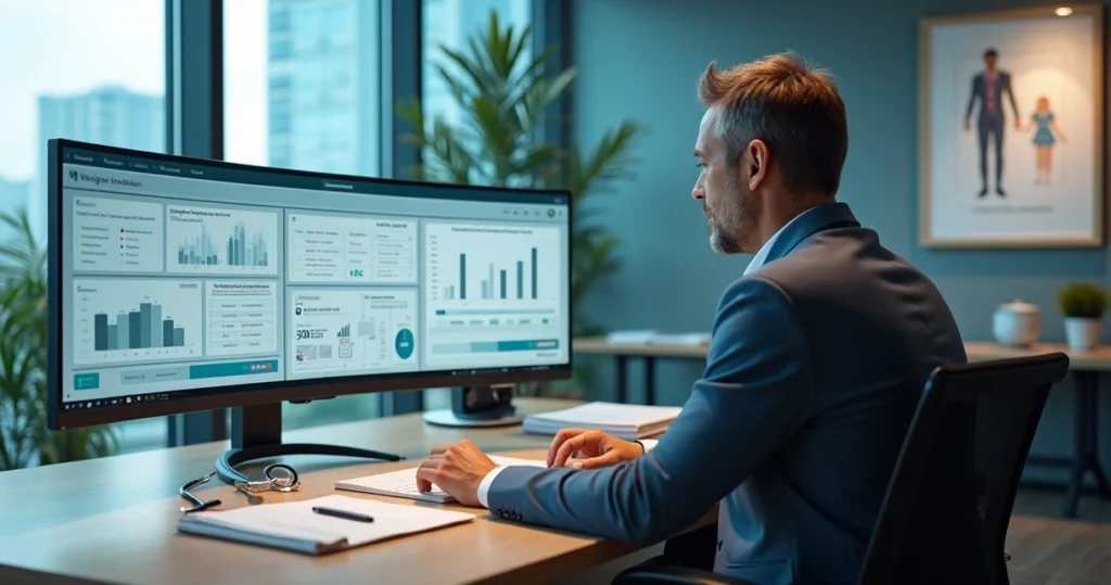 Gestor de operadora de saúde escolhendo sistema de cobrança em painel digital