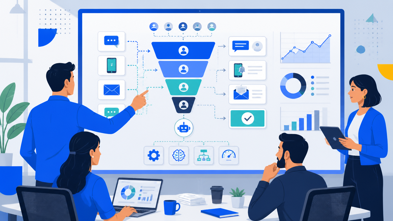 Equipe analisando uma operação digital de recuperação de crédito com automação, mensagens e indicadores em um painel.