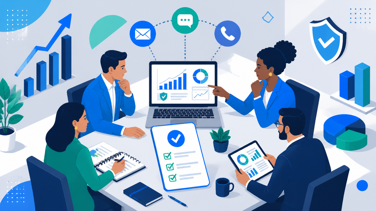 Equipe avaliando critérios para contratar uma assessoria de cobrança digital com apoio de tecnologia.