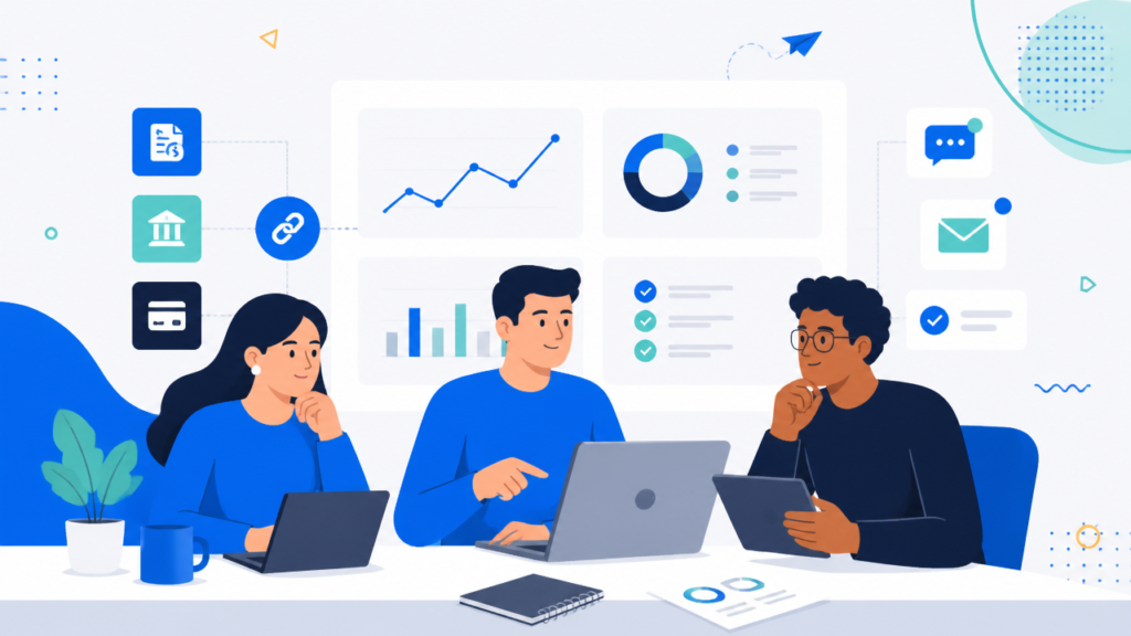 Equipe avaliando um sistema de cobrança digital com painel de métricas e checklist.