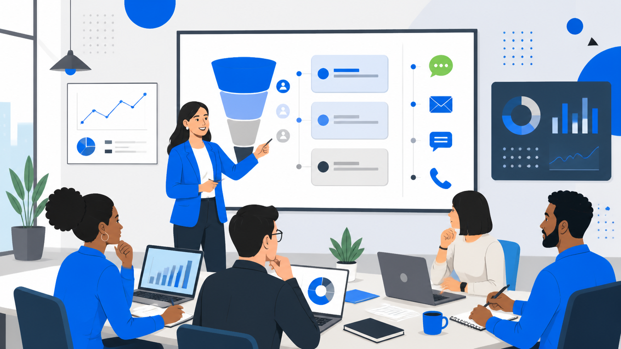 Equipe em treinamento sobre cobrança e recuperação de crédito em escritório moderno