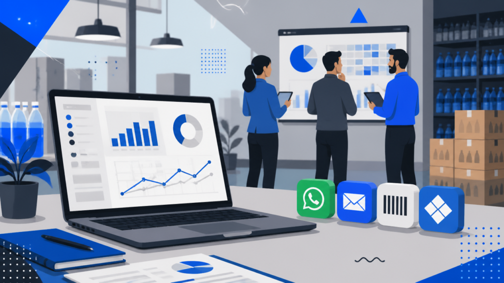 Equipe financeira analisando cobrança digital e fluxo de caixa na indústria de bebidas