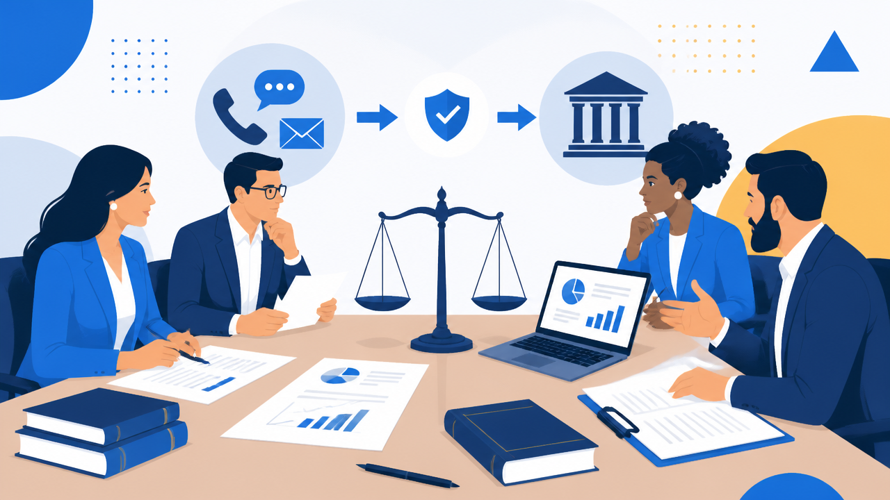 Ilustração de equipe avaliando documentos e estratégias jurídicas de cobrança em ambiente corporativo.
