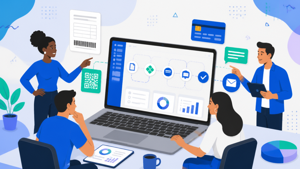 Ilustração de equipe de varejo usando tecnologia de cobrança digital com dashboard, Pix, boleto e mensagens automatizadas.