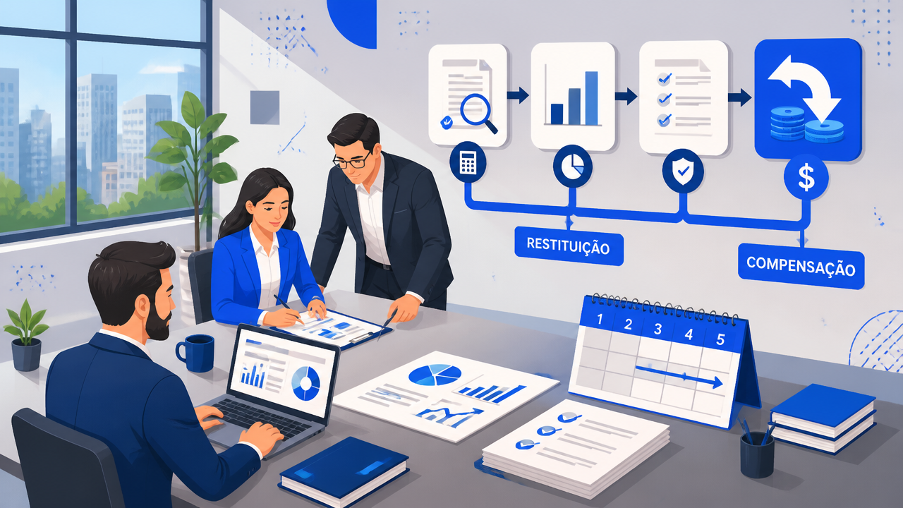 Ilustração de equipe financeira analisando relatórios e recuperação de créditos tributários para empresas