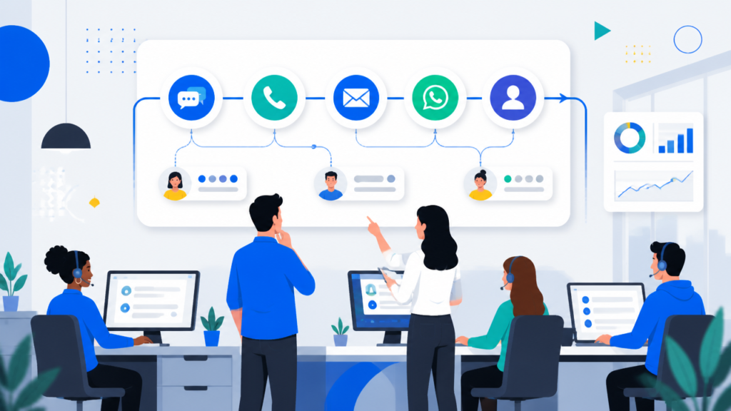 Ilustração de equipe usando uma plataforma omnichannel para integrar canais de atendimento em um painel unificado