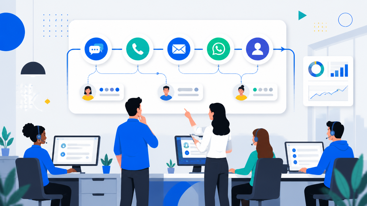 Ilustração de equipe usando uma plataforma omnichannel para integrar canais de atendimento em um painel unificado