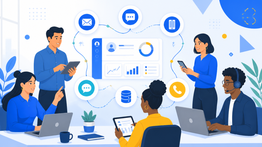 Ilustração de estratégia omnichannel na cobrança, com canais digitais integrados e visão unificada do cliente