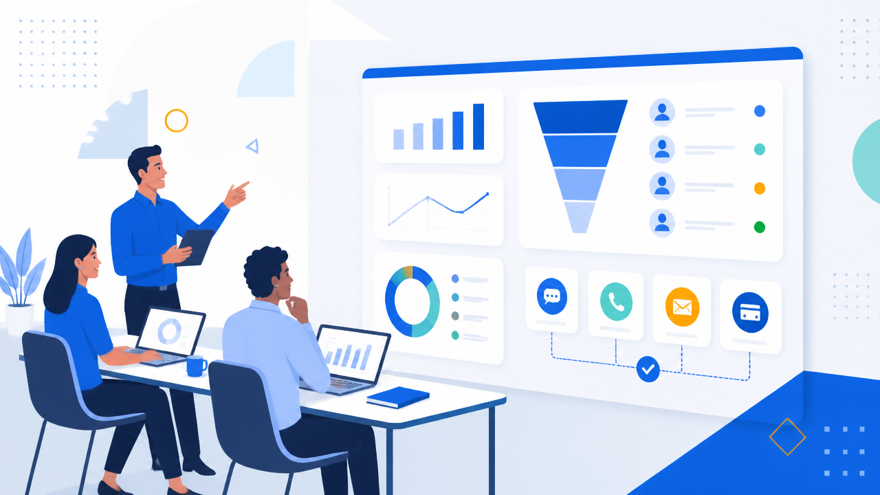 Ilustração de plataforma digital de recuperação de crédito com painel de automação multicanal e equipe analisando indicadores