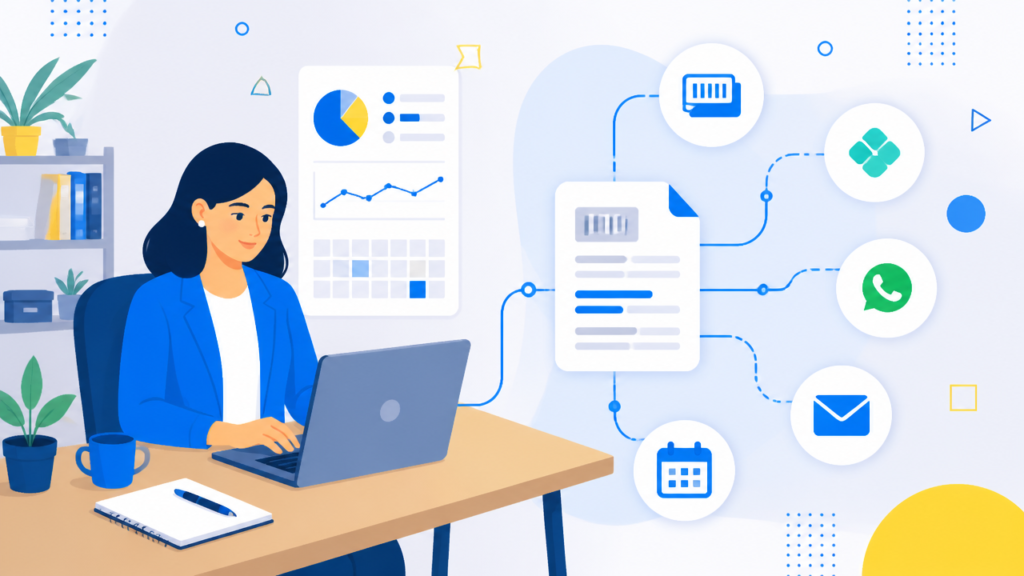 Ilustração de uma pequena empresária comparando ferramentas gratuitas e canais digitais para cobrar clientes.