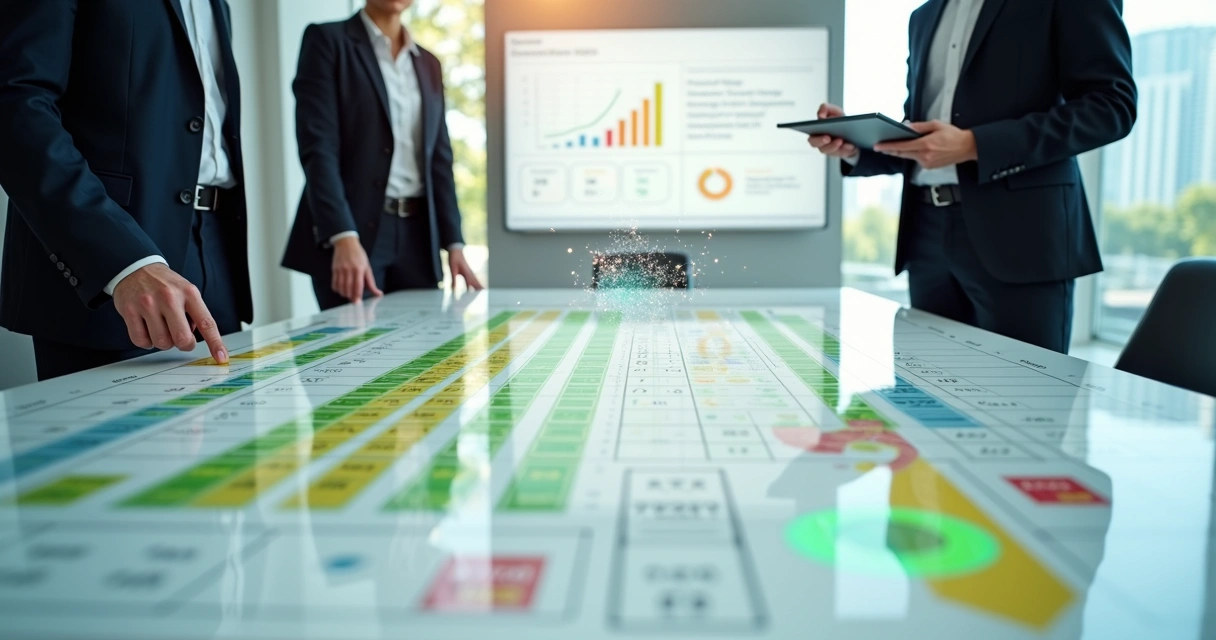 Gestores analisando peças de score de cobrança digital sobre grande tabuleiro com gráficos