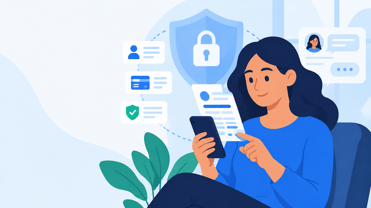 Ilustração de cobrança digital responsável com proteção de dados pessoais, celular, escudo e cadeado.