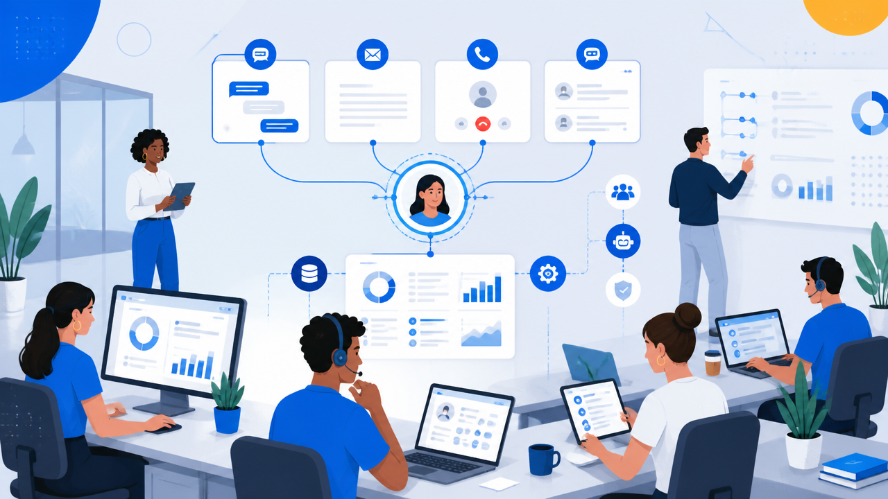 Ilustração de cobrança omnichannel com canais digitais integrados e equipe analisando a jornada do cliente