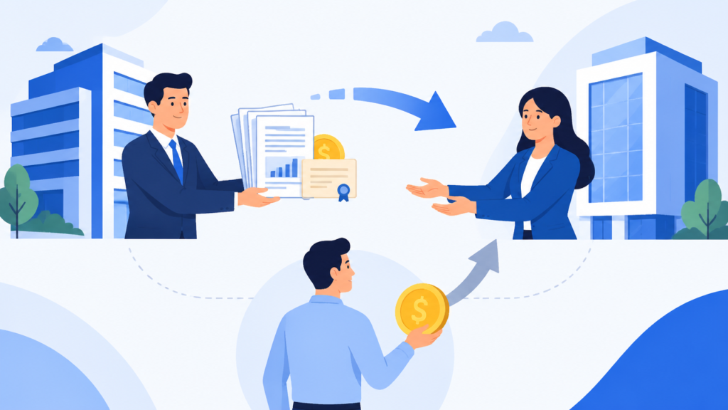 Ilustração de uma empresa transferindo um crédito a um novo credor, enquanto o devedor permanece na relação.