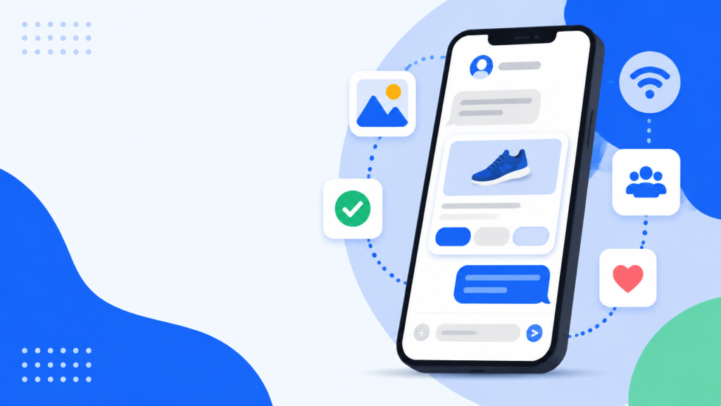 Smartphone com uma conversa digital interativa, cartões visuais e ícones de confirmação representando mensagens RCS.